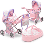 Baby Doll Convertible Pram Stroller with Removable Travel Bassinet Carrier for Kids Adjustable Handle Buggy Carriage with Canopy and Storage Basket 25 Inch Purple - Image 2