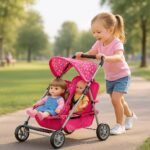 Fash N Kolor Twin Baby Doll Stroller - Pretend Play Baby Stroller for Dolls - Toy Stroller with Storage Basket for Baby Doll Accessories Set - Polka-Dot Pink Design Stroller Toy - Folds Easily - Image 3