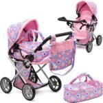 Baby Doll Convertible Pram Stroller with Removable Travel Bassinet Carrier for Kids Adjustable Handle Buggy Carriage with Canopy and Storage Basket 25 Inch Purple - Image 10