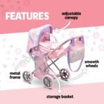 Baby Doll Convertible Pram Stroller with Removable Travel Bassinet Carrier for Kids Adjustable Handle Buggy Carriage with Canopy and Storage Basket 25 Inch Purple - Image 4