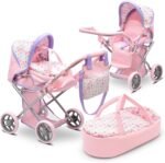Baby Doll Convertible Pram Stroller with Removable Travel Bassinet Carrier for Kids Adjustable Handle Buggy Carriage with Canopy and Storage Basket 25 Inch Purple