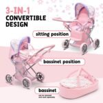 Baby Doll Convertible Pram Stroller with Removable Travel Bassinet Carrier for Kids Adjustable Handle Buggy Carriage with Canopy and Storage Basket 25 Inch Purple - Image 3