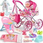 Baby Doll Stroller Toys Set with 12.5" Baby Doll,Dining Chair,Quilt Pillow,24 PCS Doll Accessories and 2 Sets Doll Clothes,Baby Stroller Toys for Girls Toddlers 3-5 4-6 5-7 Gifts for Pretend Play