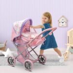 Baby Doll Convertible Pram Stroller with Removable Travel Bassinet Carrier for Kids Adjustable Handle Buggy Carriage with Canopy and Storage Basket 25 Inch Purple - Image 7